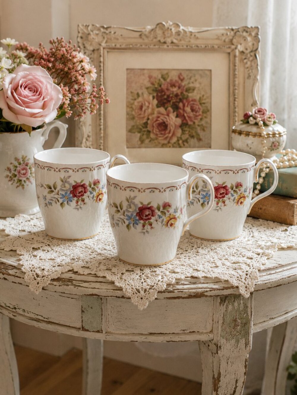 Royal Albert Jubilee Rose Bone China Mugs Set of 3 England Floral Gold Trim